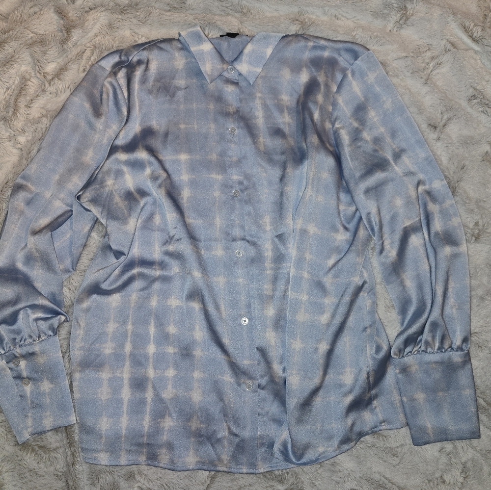 Halogen Blue & White Tie-Dye Watercolor Satin Button Up [XL] Silky Flowy Fairy